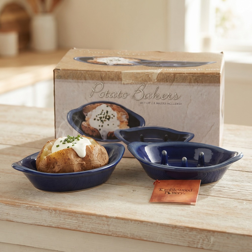 Tumbleweed Pottery Stoneware Potato Bakers Set 2 Cobalt Blue Glaze Spiked Dish
